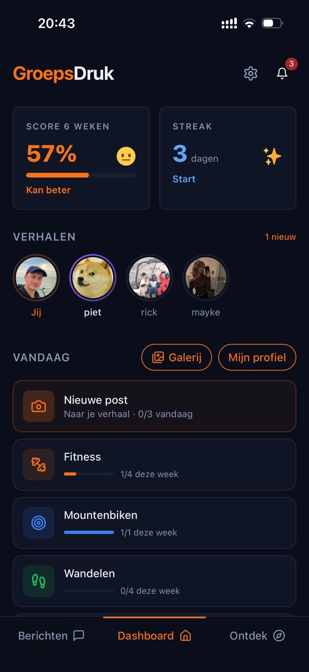 Het dashboard van GroepsDruk: je score over zes weken, je streak, de verhalen van je vrienden en de doelen van vandaag.